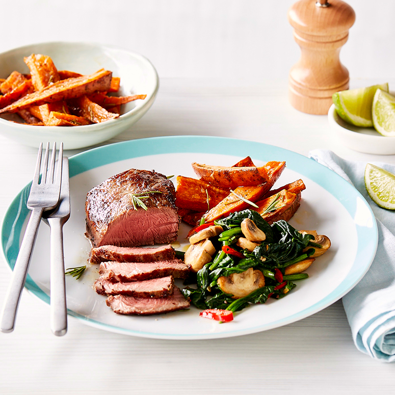 Pepper veal medallions, sweet potato & spinach | Australian Veal