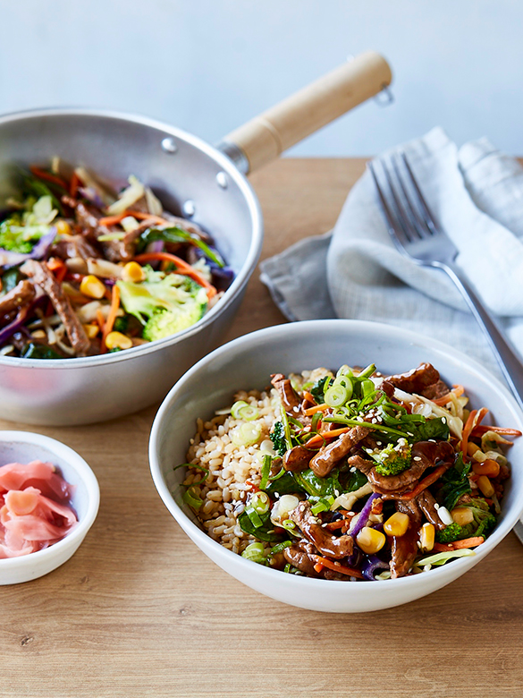 Veal stir-fry with sesame rice