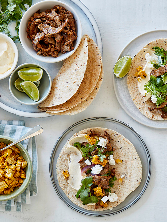 Veal steak fajitas with corn & feta