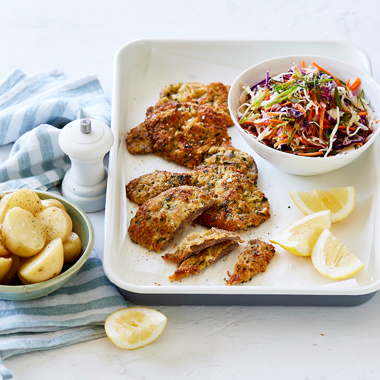 Lemon parmesan veal schnitzel with coleslaw | Australian Veal