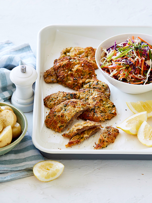 Lemon parmesan veal schnitzel with coleslaw