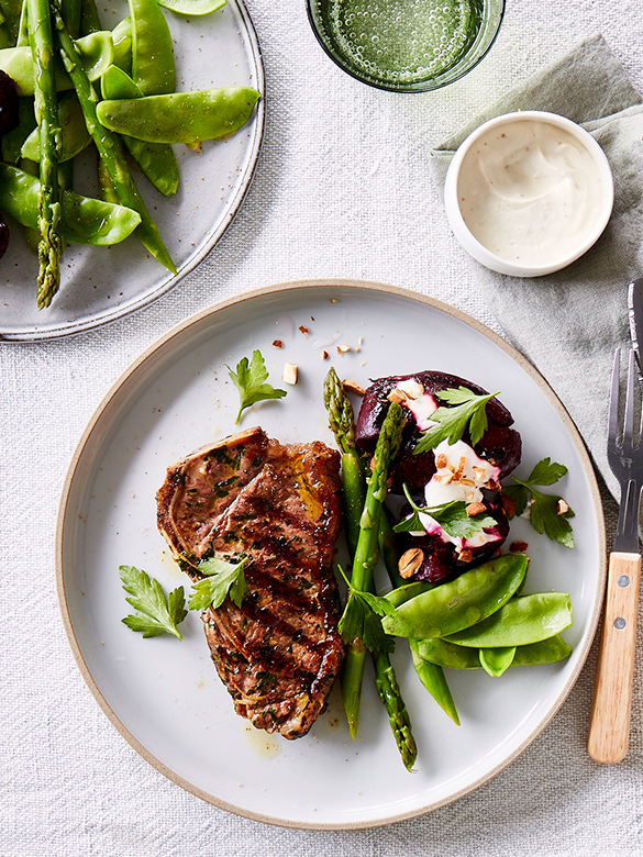 Lemon & parsley veal striploin with smashed beets